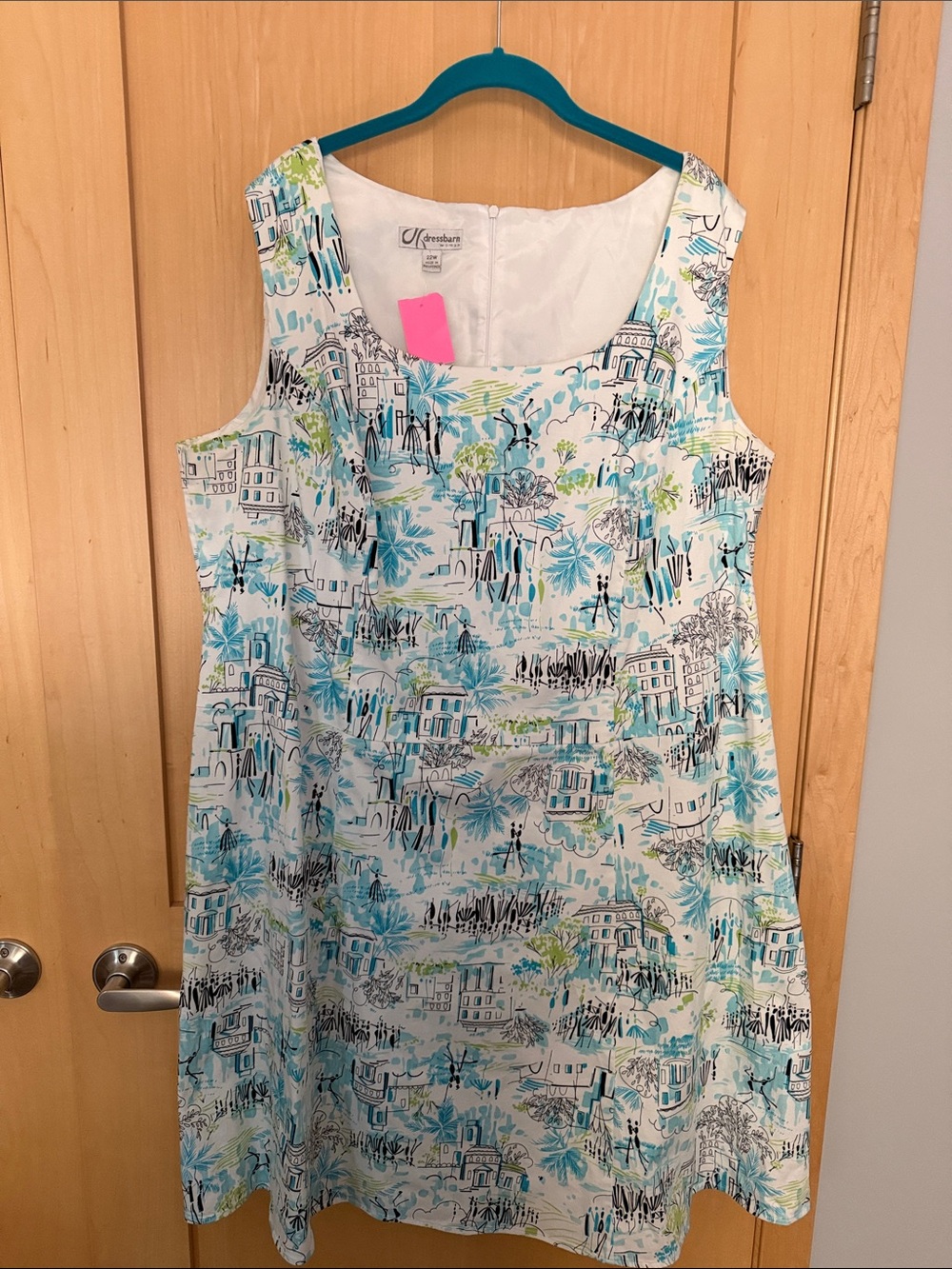 Dress Barn White and Aqua Printed Midi Dress
